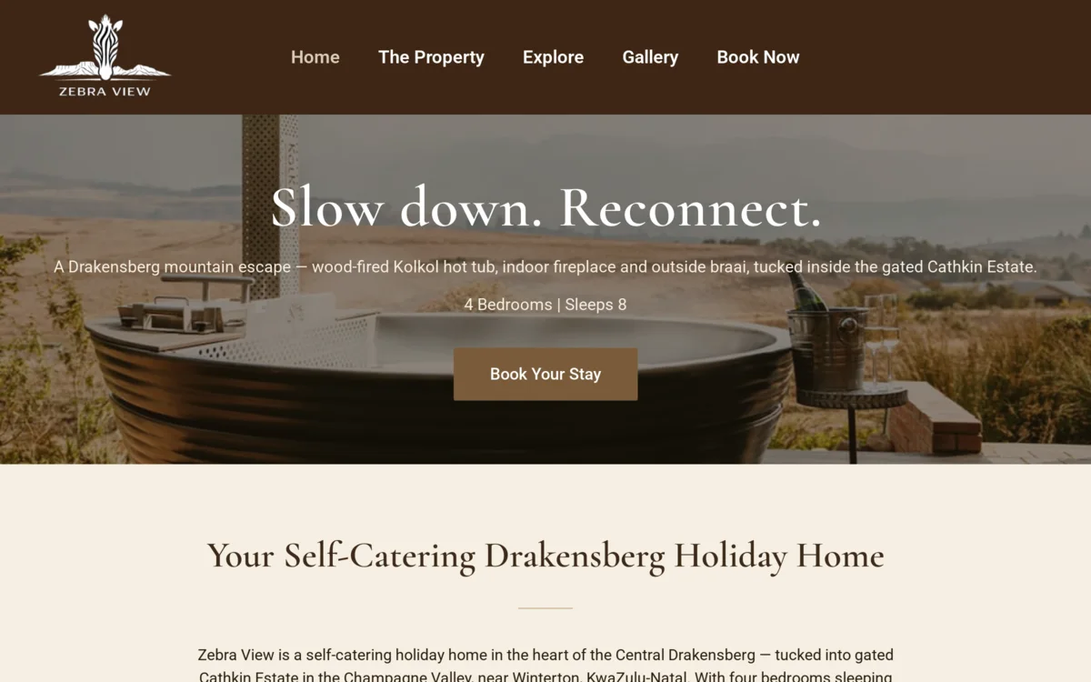 Zebra View — Drakensberg mountain getaway website with wood-fired hot tub gallery